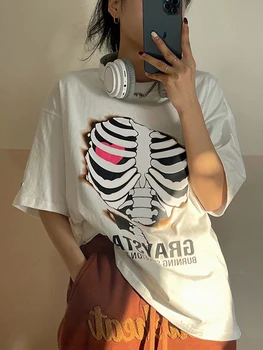 Grunge Emo Skeletas spausdinti Balta raidė T-marškinėliai Moterims Y2K drabužius Goth Streetwear Negabaritinių Trumpas Rankovėmis Tee Moterų Viršūnių Grafinis