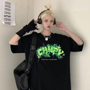 Juodos spalvos trumpomis Rankovėmis T-shirt Moterims, Vasaros Harajuku Stilius Ins Pora Vyras Punk Letter Spausdinimo High Street Hiphop Laisvus Marškinėlius Viršų