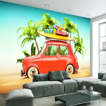 Animacinių filmų automobilio paplūdimio vaikų 3d tapetai, freskos papel de parede,gyvenamasis kambarys su sofa-lova, TV wall vaikų miegamojo sienos dokumentų namų dekoro